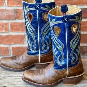 Twisted X Ruff Stock Blue Navy Brown Leather Western Riding Cowboy Boots Sz 9.5D